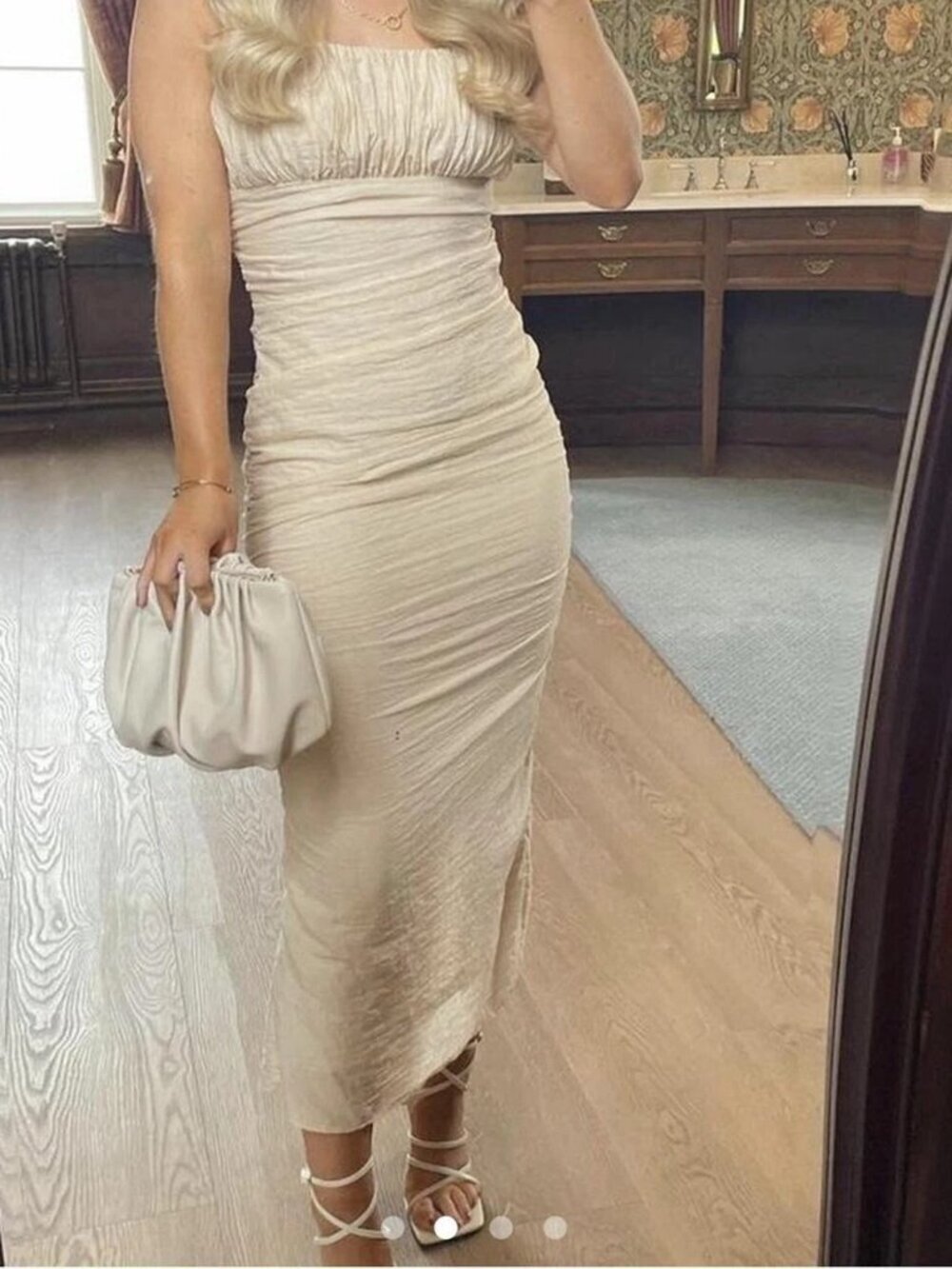 Zara Strappy Draped Ruched Midi Dress Ecru Beige Size Small Blogger Favorite